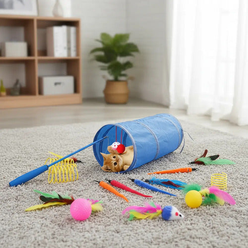 Pack 14 Juguete Para Gatos Gatitos Tunel Varita Interactivo Azul