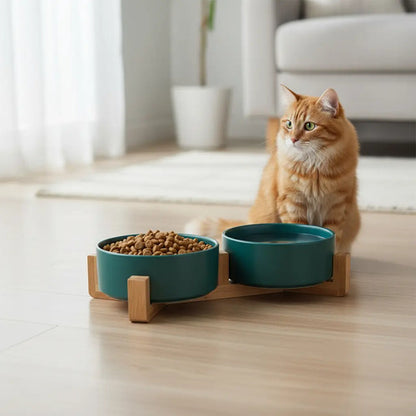 Plato De Ceramica Doble Con Soporte Para Mascota Perro Gato