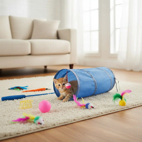 Pack 14 Juguete Para Gatos Gatitos Tunel Varita Interactivo Azul
