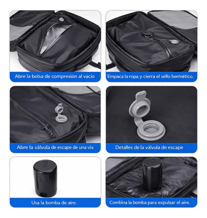 Mochila De Viaje Expandible Compresion Al Vacio Impermeable Negro