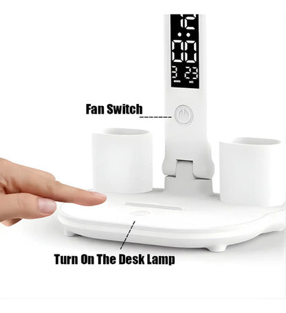 Lampara De Escritorio 5 En 1 Doble Led Usb Ventilador Reloj Blanco