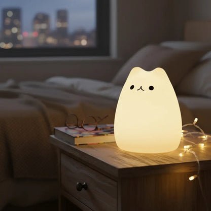 Veladora Gato Lampara Gatito Luz De Noche Silicona Niños Blanco