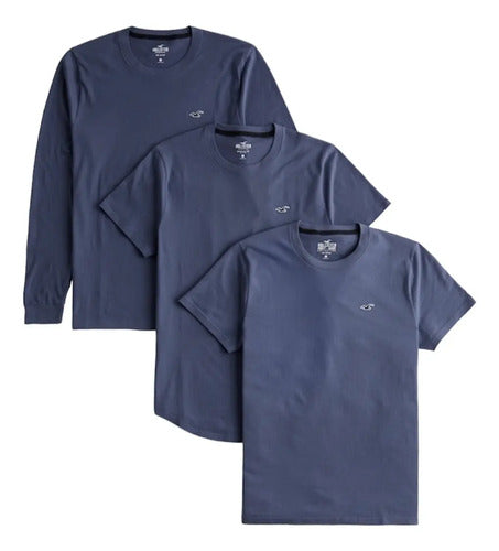 Combo 3 Remeras Hollister Lisas Con Logo Azul Marino S