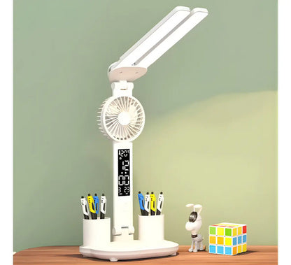 Lampara De Escritorio 5 En 1 Doble Led Usb Ventilador Reloj Blanco