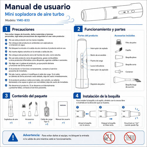 Sopladora Aspiradora Inalámbrica 2 En 1 Pc Auto 130000 Rpm Negro