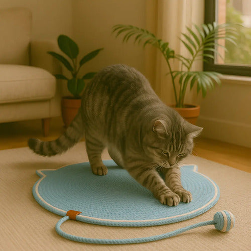 Alfombra Para Mascota Gato Rascador Con Pelotita Pelota Celeste
