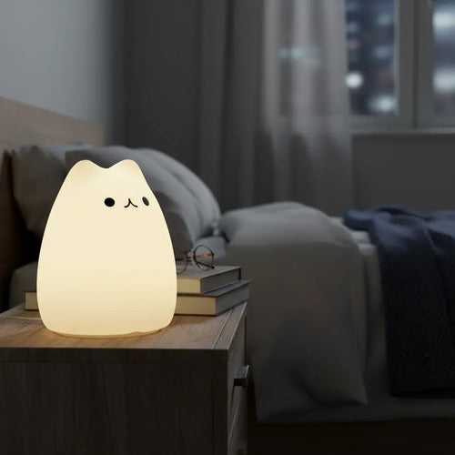 Veladora Gato Lampara Gatito Luz De Noche Silicona Niños Blanco