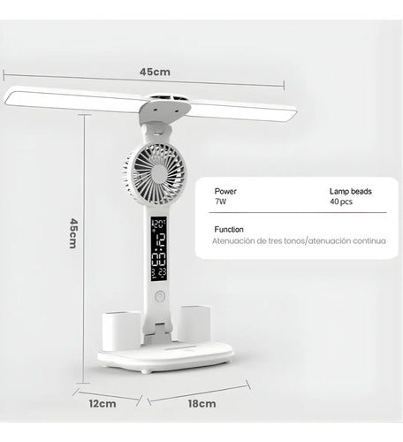 Lampara De Escritorio 5 En 1 Doble Led Usb Ventilador Reloj Blanco