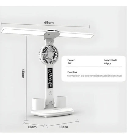 Lampara De Escritorio 5 En 1 Doble Led Usb Ventilador Reloj Blanco