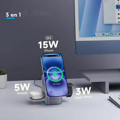 Base Cargador Inalámbrico 3 En 1 Rotacion 360 Para iPhone Gris