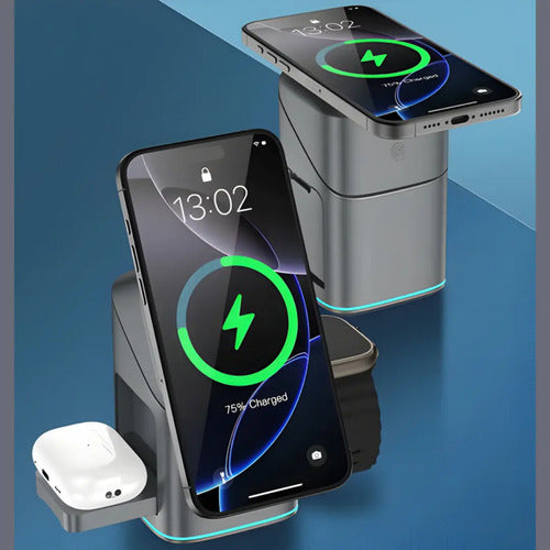 Base Cargador Inalámbrico 3 En 1 Rotacion 360 Para iPhone Gris