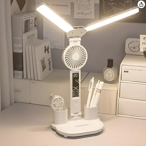 Lampara De Escritorio 5 En 1 Doble Led Usb Ventilador Reloj Blanco