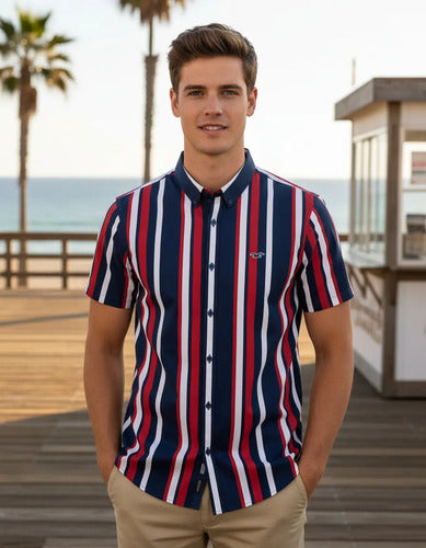 Camisa Manga Corta Hollister By Abercrombie Franja Vertical Azul L