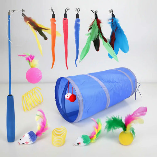 Pack 14 Juguete Para Gatos Gatitos Tunel Varita Interactivo Azul